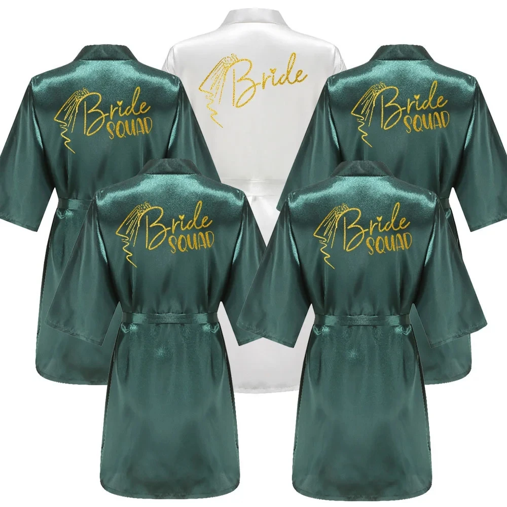 Wedding Party Team Bride Robe Kimono Satin Pajamas Bridesmaid Bathrobe Gold Letter SP097