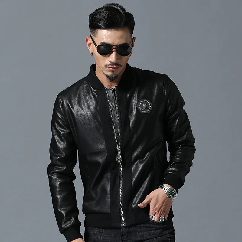 2023 Skull Rhinestones PU Jackets Men High Street Style Stand-Neck Sudaderas Hombre Rib Sleeve Streetwear Mens Jackets and Coats