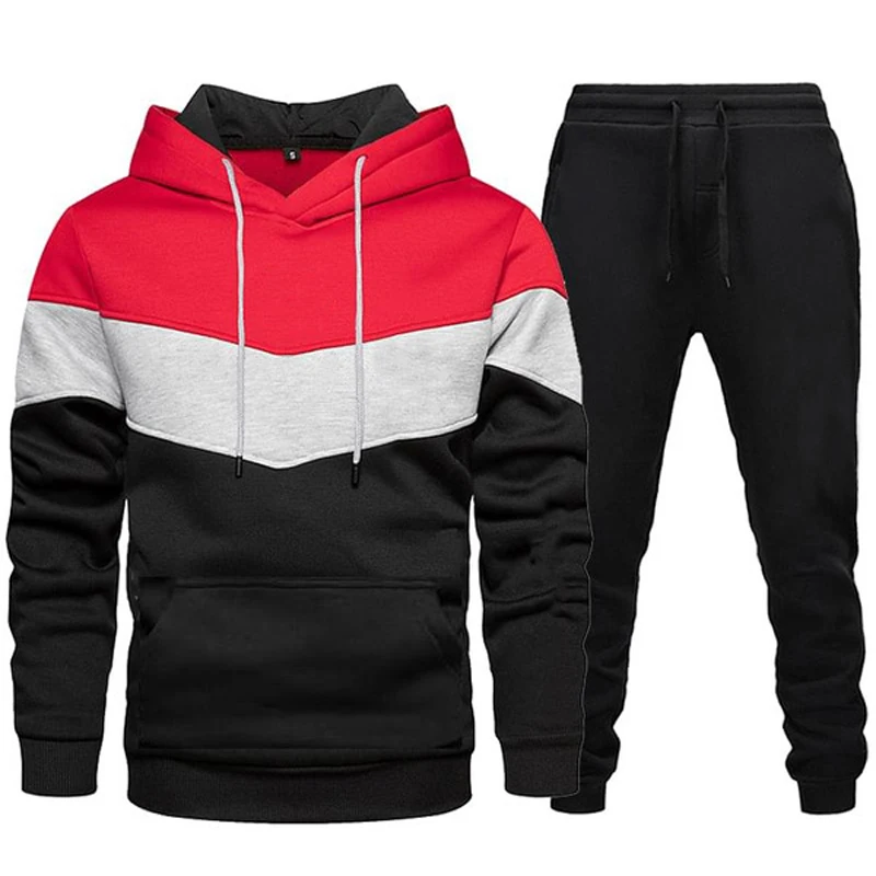 Autumn Winter Fashion Tracksuit Tricolor Hoodies and Black Sweatpants High Quality Male Daily Casual Sports Hooded Jogging Suit