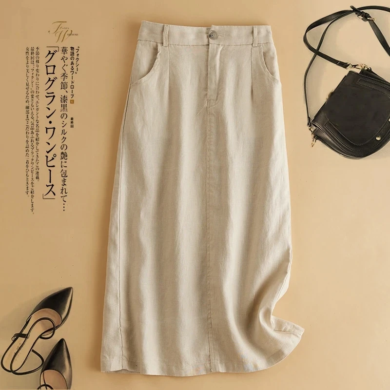 Gonne estive da donna a vita alta moda gonna ampia in cotone e lino tinta unita femminile casual sottile gonne lunghe a trapezio