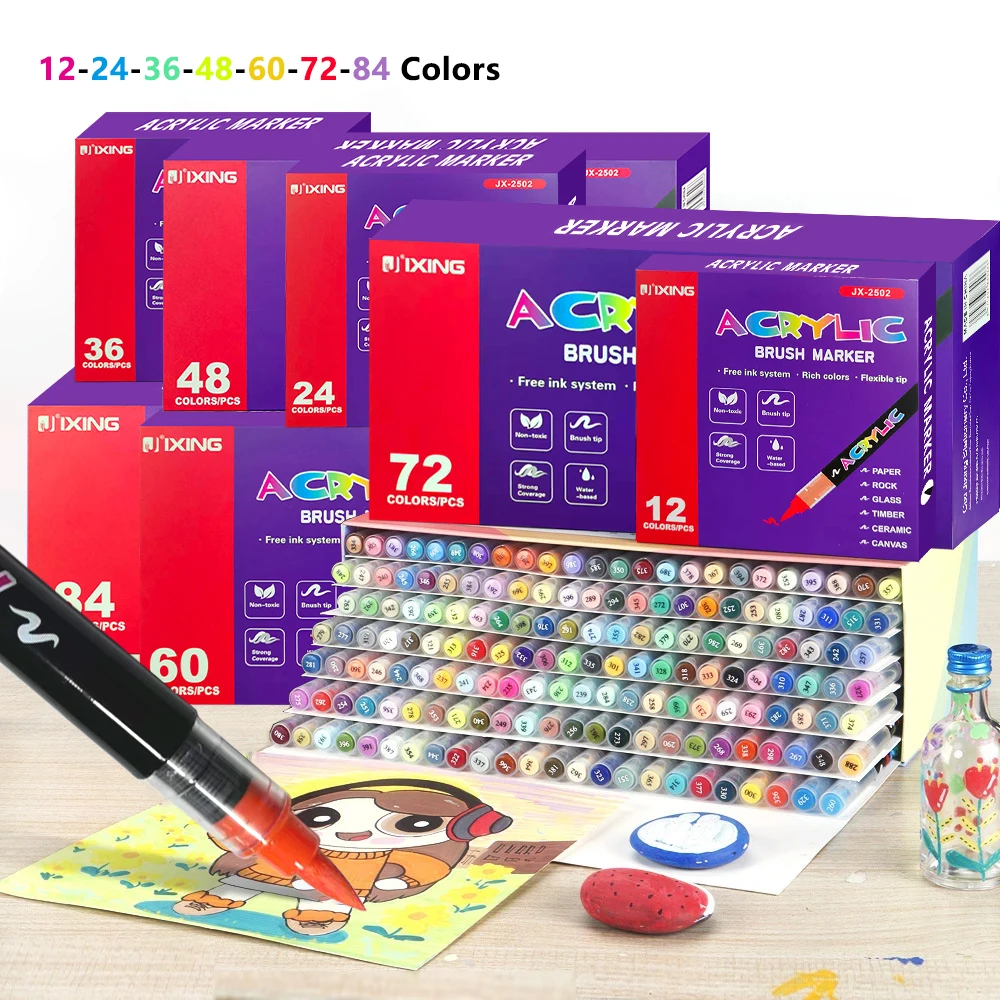 

Acrylic Paint Pens Markers 12/24/36/48/60/72/84 Colors Brush Tip Paint Markers For Rock Painting Canvas Stone Gift DIY Crafts