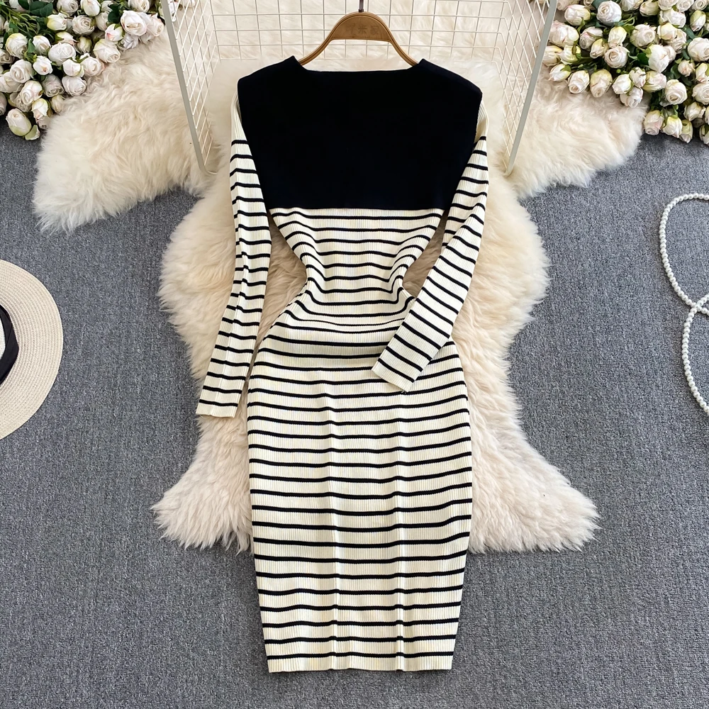 Sweet Navy Collar Striped Knitted Dress Long Sleeved Slim Fit Stretch Wrap Hip Dress Spring Female Split Mid Length Dress