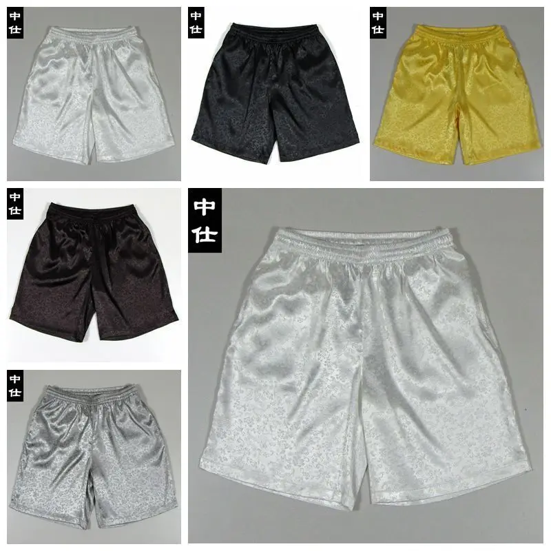 Chinese Floral Print Satin Men's Running Shorts Outdoor Fitness Plus Size Sports Casual Bottoms