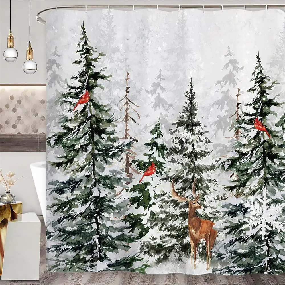 Winter Snowy Forest Shower Curtains Pine Tree Deer Snowflake Xmas Christmas Holiday Rustic Farmhouse Bathroom Decor with Hooks