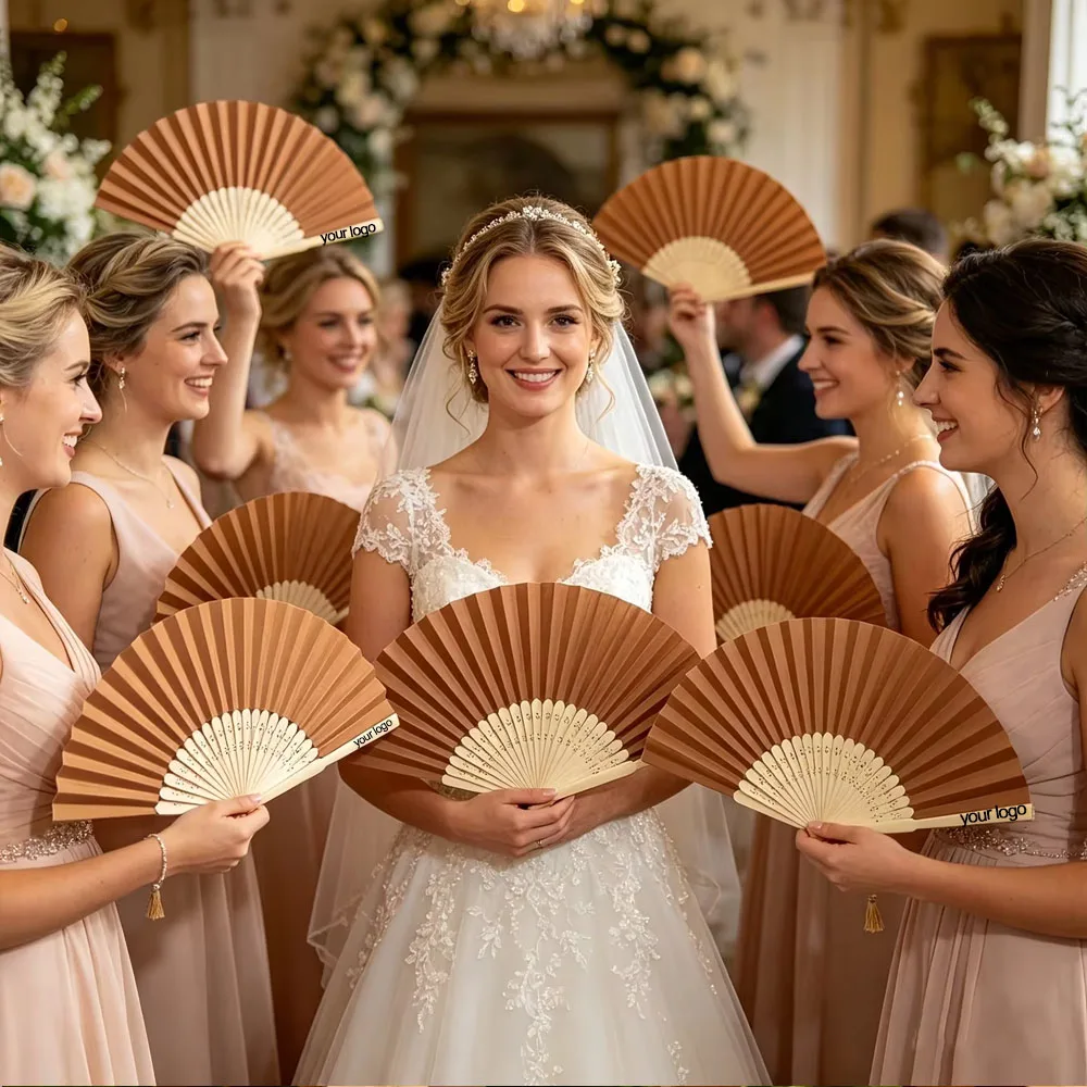 1/5/10/20/30 Brown Paper Folding Fans, Customizable Fan Bones with Engraving of the Text You Provide, Suitable for Wedding Souvenirs, Bridal Gifts, Party Decorations - Elegant Single-Color Hand Fans for Birthdays, Ceremonies, Baptisms - Welcome to Order, Suitable for Home and Event Use