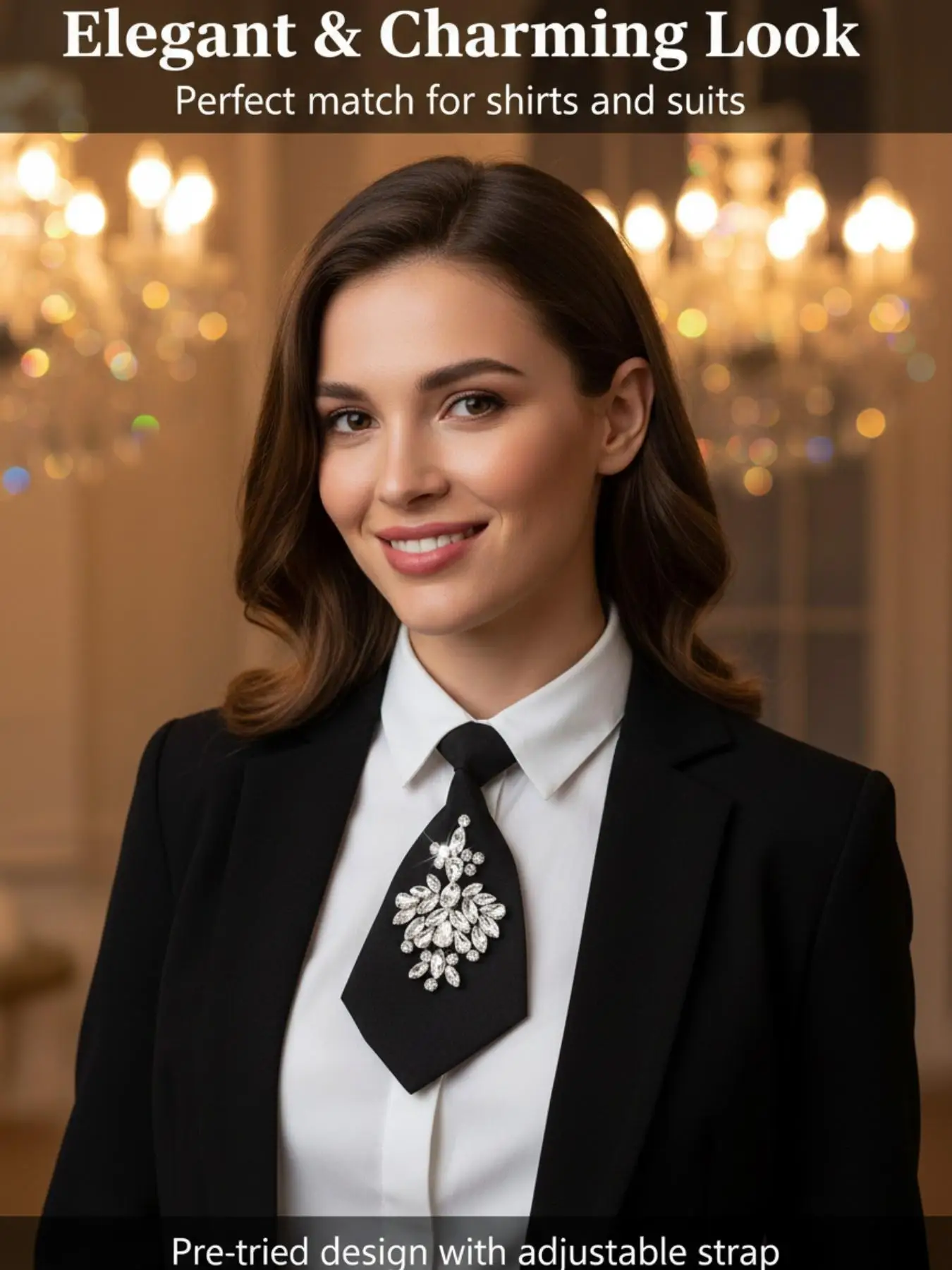 Women's Short Sparkly Rhinestone Tie, Pre-Tied Fashion Accessory, Perfect for Graduation, Office Wear, Parties, All Seasons