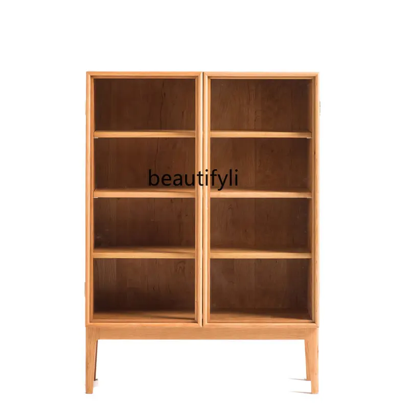 

Nordic Solid Wood Sideboard Japanese Simple Display Cabinet Glass Tea Cabinet Modern Locker Small Apartment glass cabinet