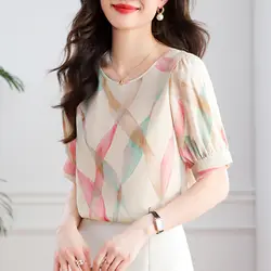 Women Summer Korean Fashion Loose Printing O-neck Short Sleeve Chiffon Shirts Women Clothes Casual All-match Appear Thin Top Tee