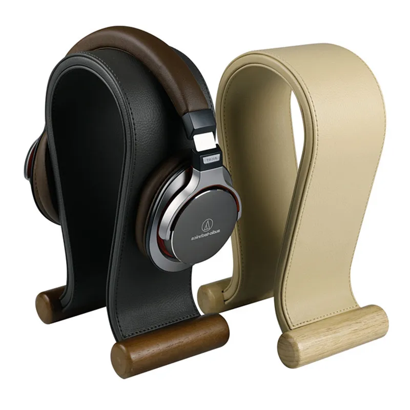 Walnut Wood Leather U‑Shape Headphone Stand, Solid Base Display Hanger for Computer Accessories