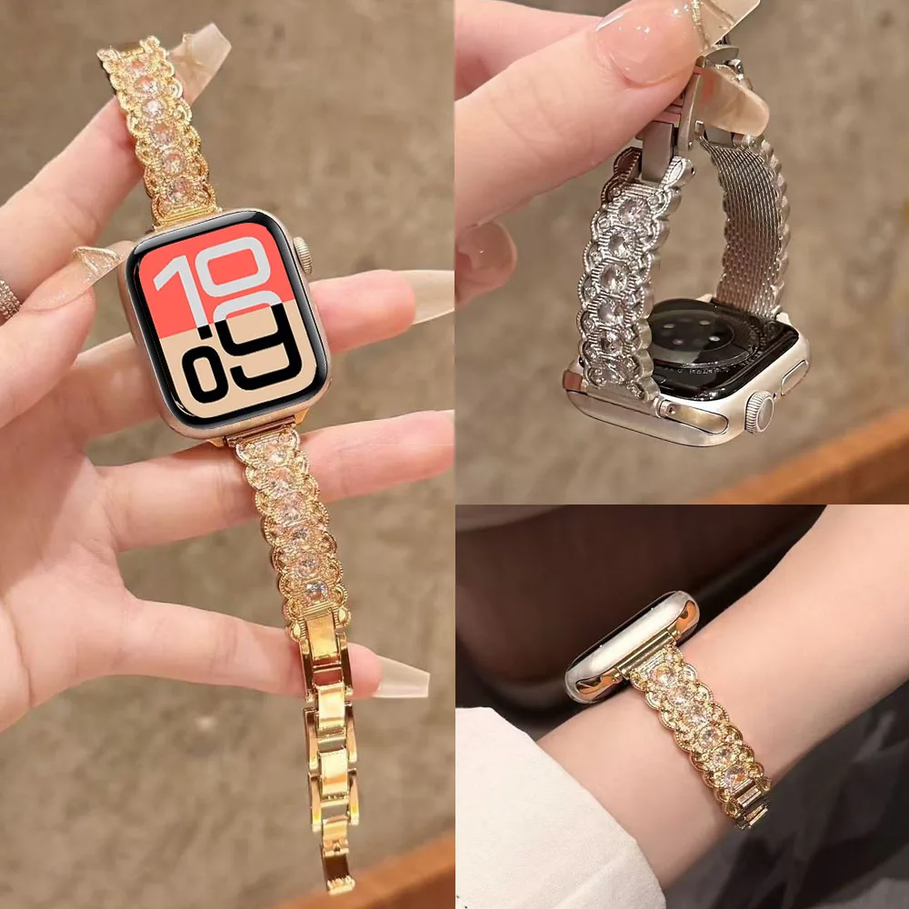 Pulseira de metal feminina para apple watch série 11 10 9 8 7 se3 42mm 46mm 44mm 40mm 45mm 41mm 38mm pulseira para iwatch ultra 3 49mm