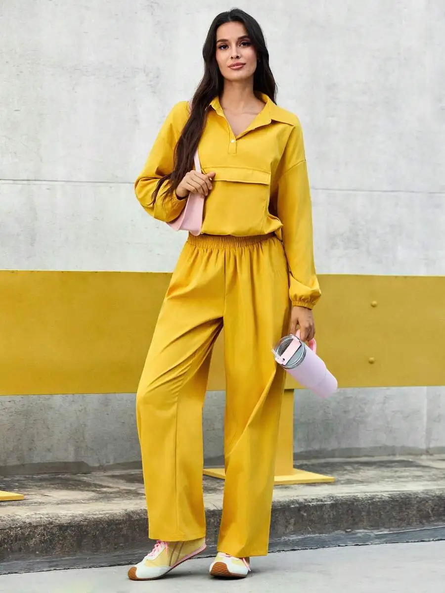 

Womens Yellow Two Piece Set Casual Loose Long Sleeve Elastic Waist Straight Leg Pants