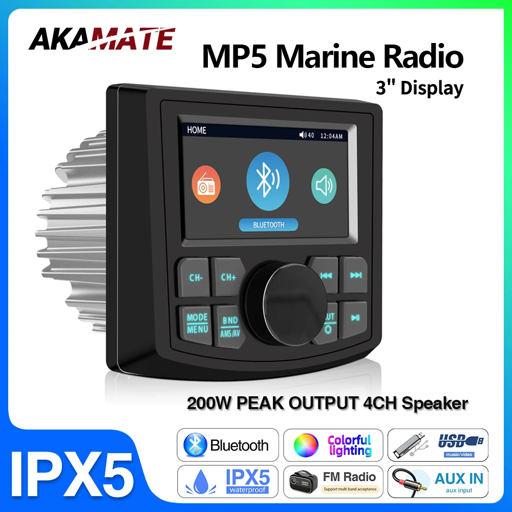 Marine Radio MP5 Boat Radio Stereo 3inch Display Media Video Player Waterproof Bluetooth AUX AM FM RDS for  ATV UTV SPA RZR