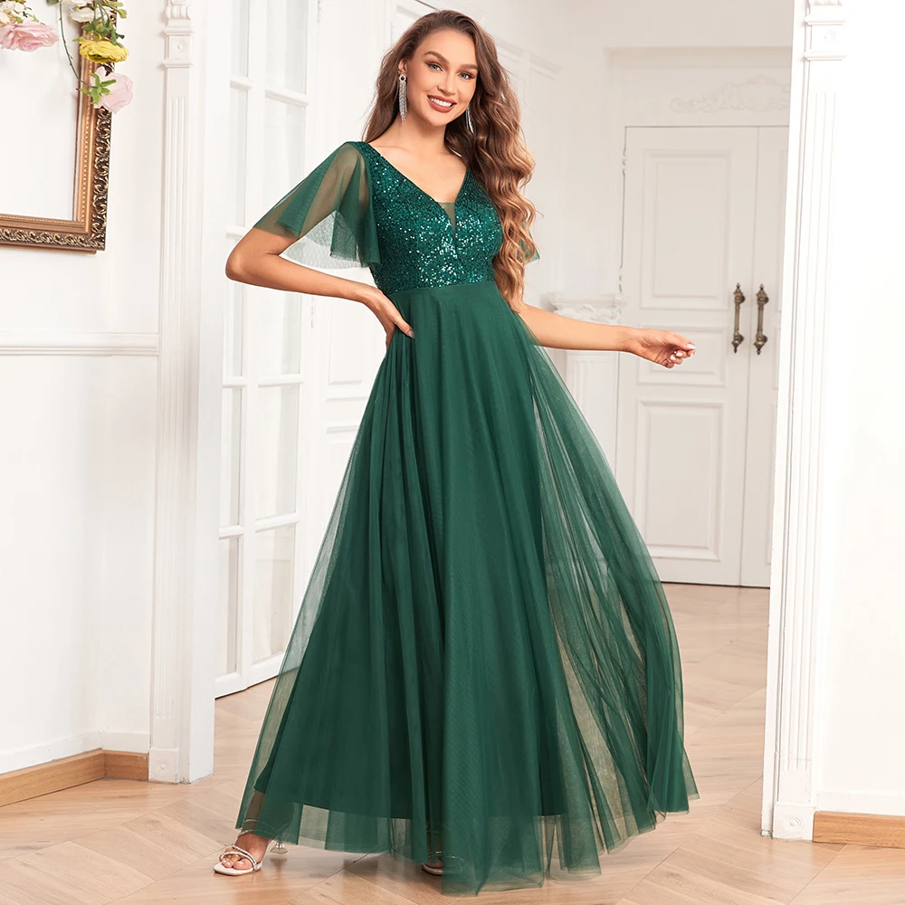 Vestidos de Noche de manga corta con cuello en V, vestido de fiesta largo bordado de lentejuelas, elegante vestido Formal de tul de línea A, gran oferta