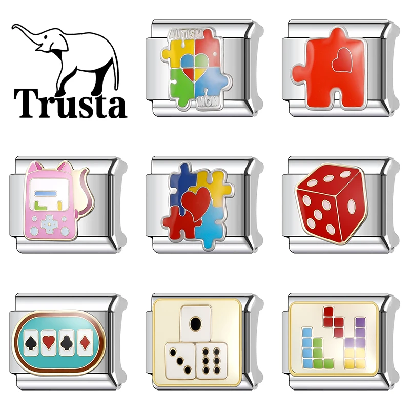 Trusta 2025 Puzzle Dice Tetris Italian Link Charm Bracelet 9mm Stainless Steel Bracelet for Women DIY Jewelry Wholesale N574