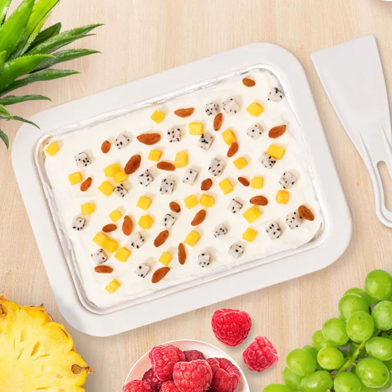 Stainless Steel Ice Cream Maker Plate Fried Yogurt Machine Pan  Tray DIY Mini   with Scraper Household