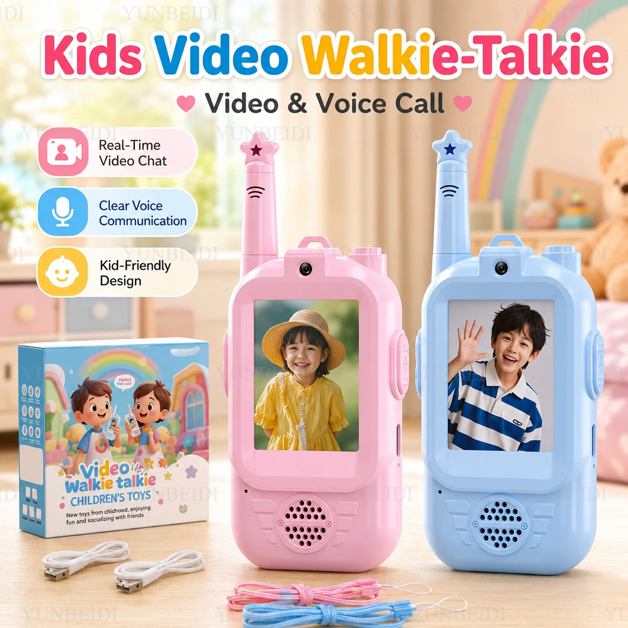 Lot de 2 talkies-walkies vidéo HD pour enfants, recharge USB, divertissement intérieur/extérieur, jouets pour enfants, cadeaux de festival, pour les 3-12 ans