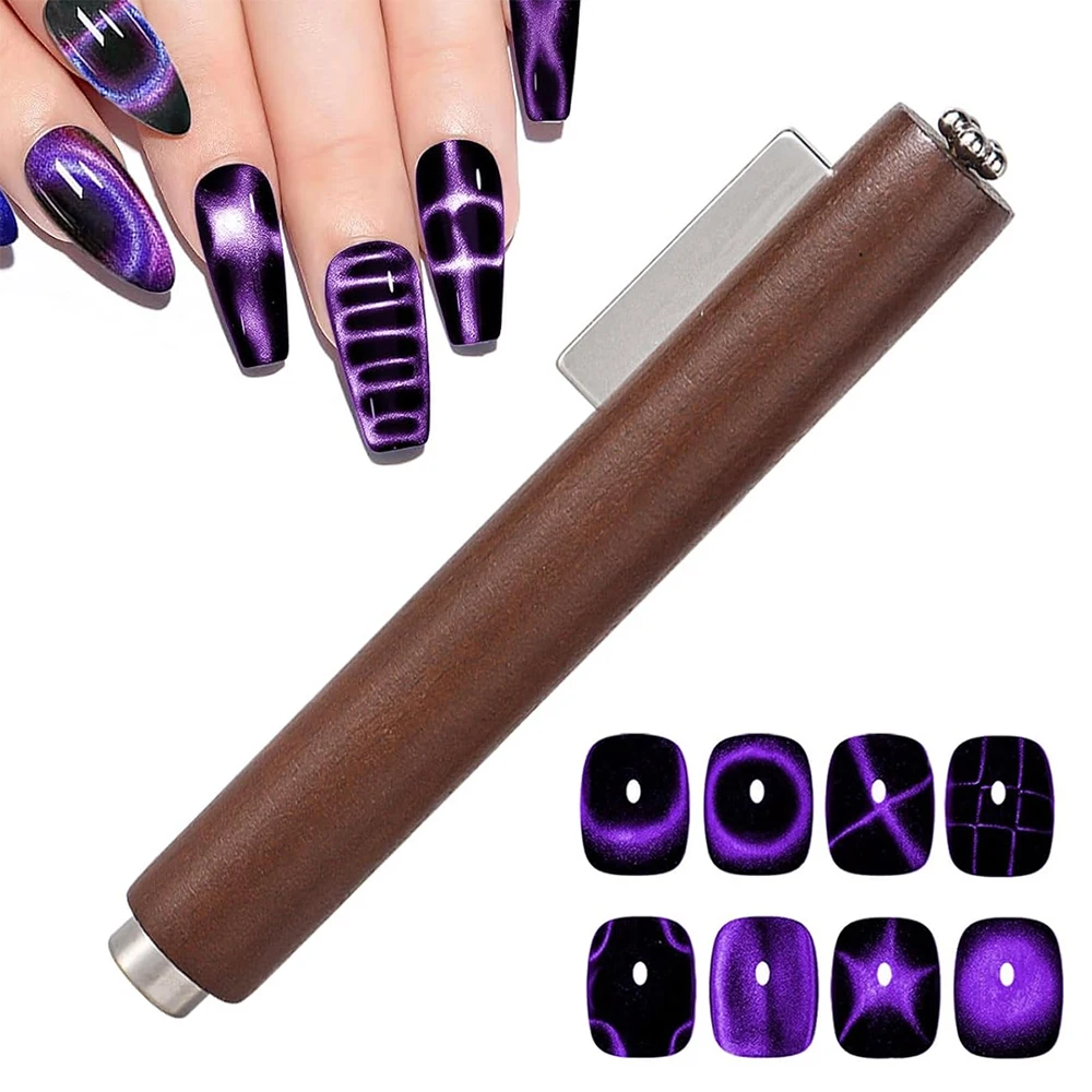 Varinha Magnética 3 em 1 para Unhas Efeito Olho de Gato com Cabo de Madeira, Bastão Magnético para Arte em Unhas de Gel, Ímã Forte, Ferramenta de Manicure com Efeito Olho de Gato