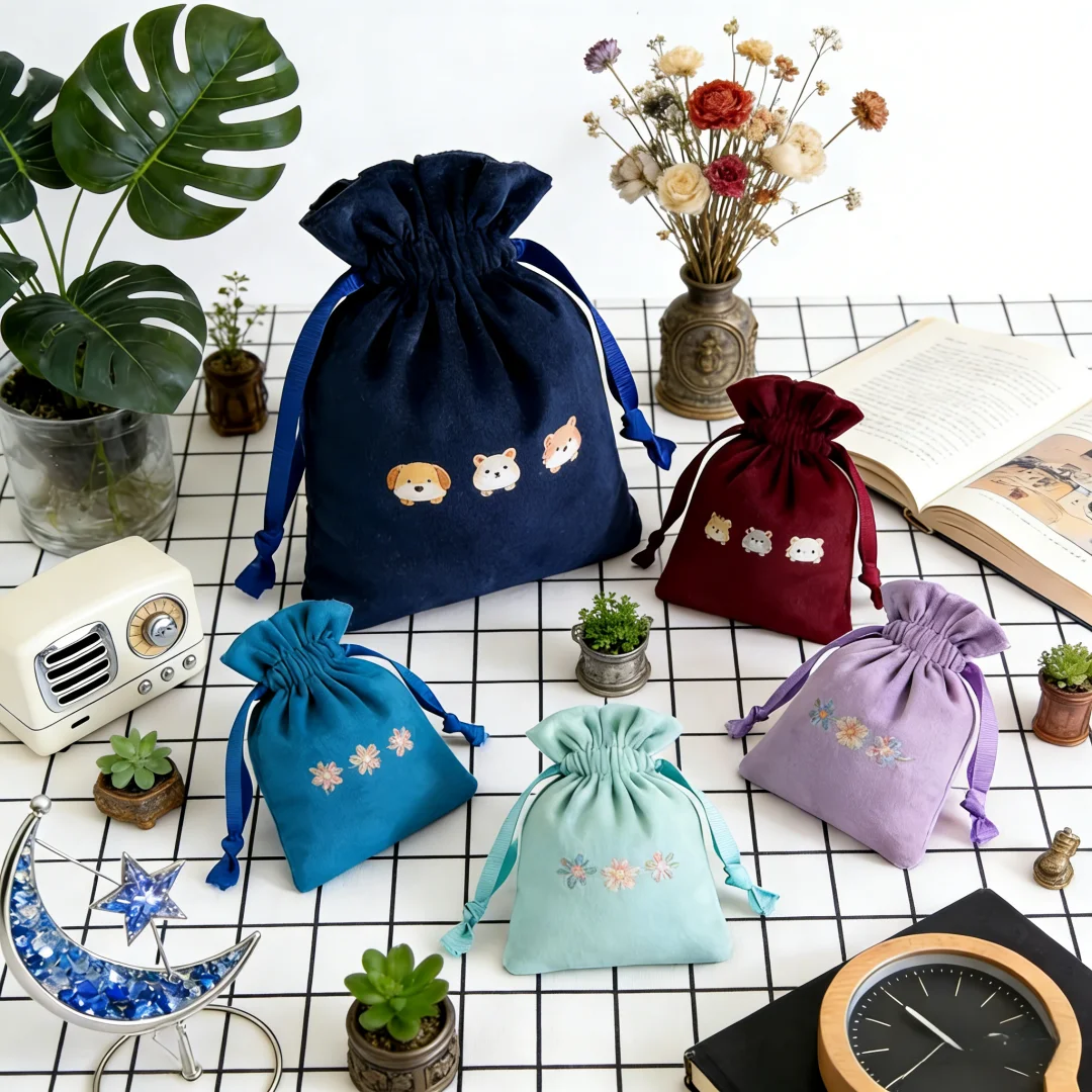 

100Pcs Velvet Gift Pouches with Ribbon Drawstring Custom Logo Jewelry Packaging Bags for Wedding Party Candy Earrings Storage