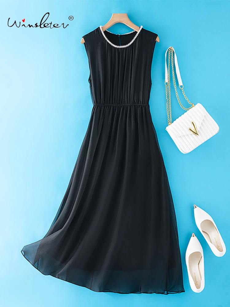 

Winsleter-Women's 100%Real Silk Elegant Dress, O Neck Sleeveless Beading, Beach Vacation Fairy Dresses, 2025 Summer New D57339CC