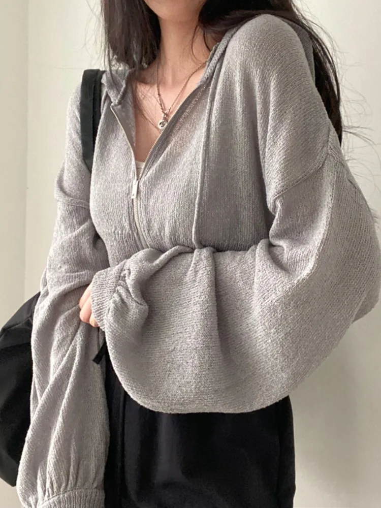 Elegancki letni sweter z dzianiny lodowego jedwabiu, damski sweter typu lampion, swobodny rozpinany kardigan, cienki płaszcz z kapturem, ochrona przed promieniowaniem UV.