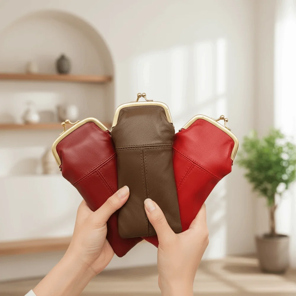 

Secure Closure Leather Kiss Lock Purse Multi-Functional Exquisite Retro Clasp Eyeglasses Bag Large Capacity Metal Frame