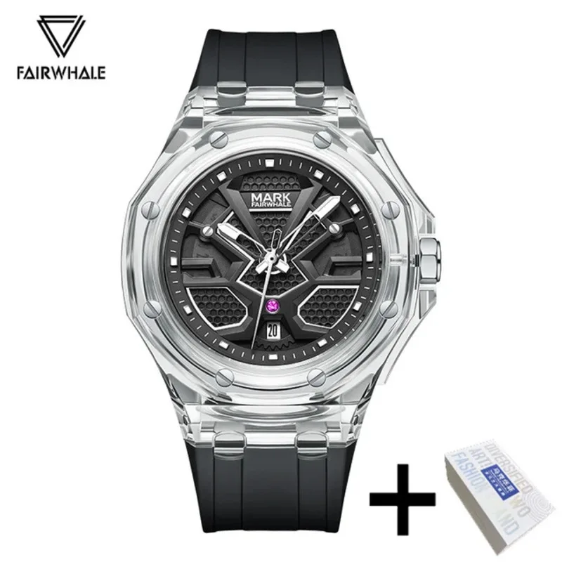 Mark Fairwhale Mens Watch 5920 Transparent Case Calendar Waterproof Sports Silicone Strap Quartz Watches for Men Reloj Hombre