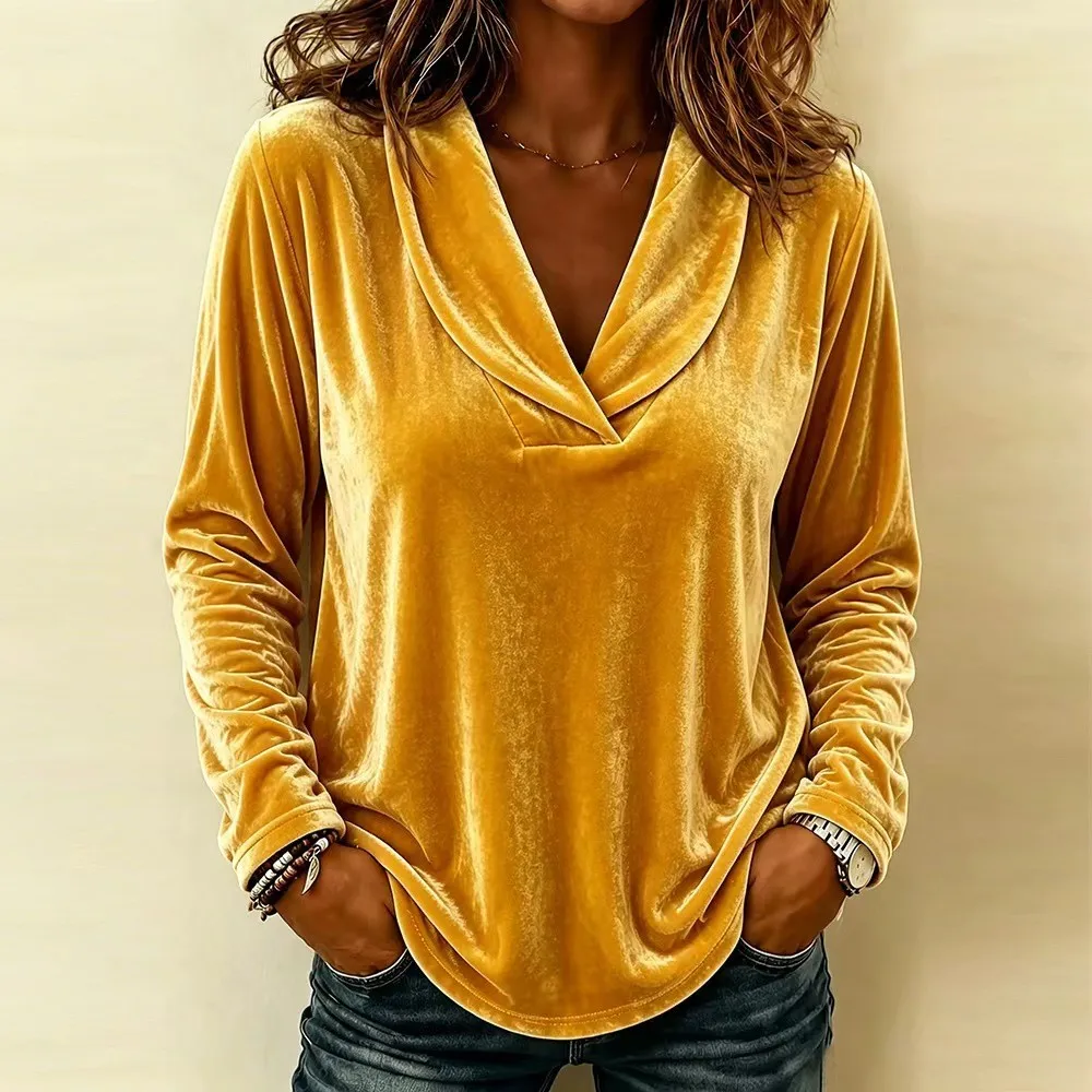 Women's Velvet Ruffle Bell Sleeve V Neck Blouse Pullover Top Knit Shirt with Geometric Pattern Regular Fit Women's Shirt view 3