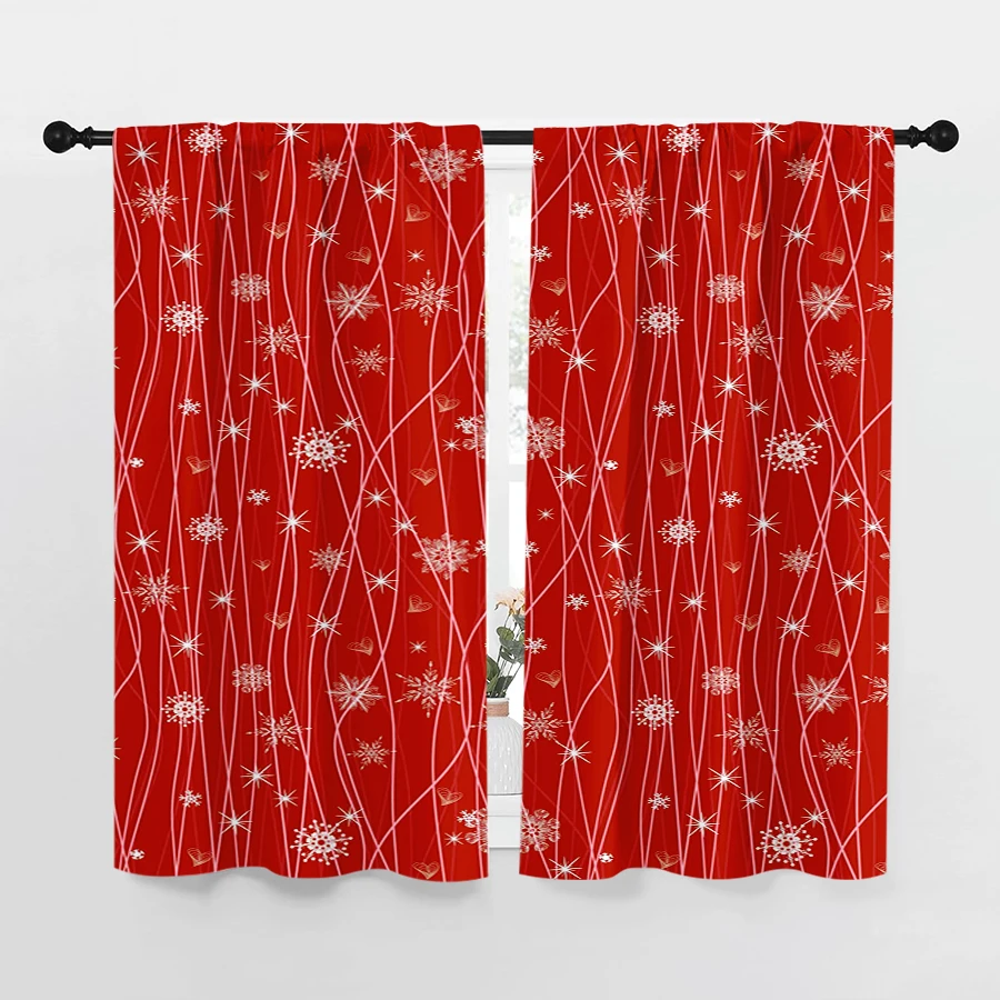 2PCS Christmas Winter Curtains, Red Snowflake Line Heart, Digital Print, Bedroom Living Room, Rod Pocket Polyester, Home Decor