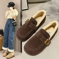 Thickened Fleece Lined Flat Bottom Women's Slippers Autumn Winter New Style Small Fragrance Wind Birk Munroe Shoes Rubber Sole