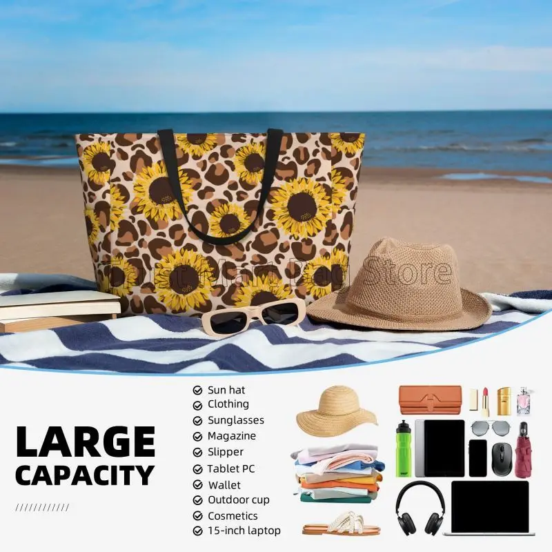 Sunflowers Leopard Print Large Waterproof Beach Bag Women Portable Travel Bag Sandproof Pool Tote Bags for Travel Vacation Swim