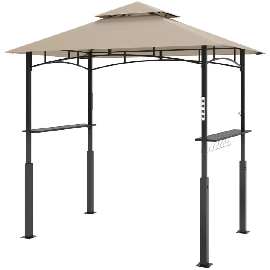 

8' x 5' Outdoor Grill Gazebo Barbecue Gazebo Shelter with LED Light 2 Side Shelves Hooks Bottle Opener Khaki