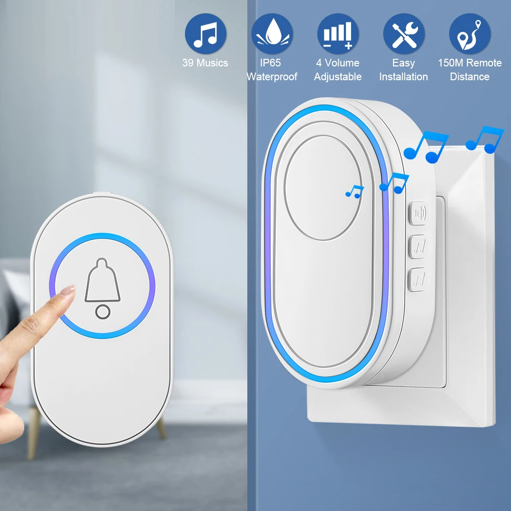 Timbre de bienvenida para el hogar, timbre inalámbrico inteligente, resistente al agua, control remoto, enchufe europeo, australiano, británico y