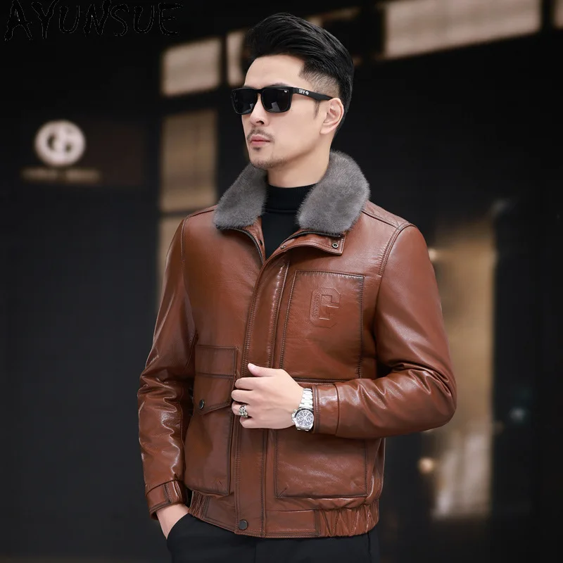 

AYUNSUE Real Mink Fur Coat Men Genuine Leather Jacket Winter Mens Clothes Oil Wax Cowhide Coats Warm Mink Fur Collar 2025 Chic
