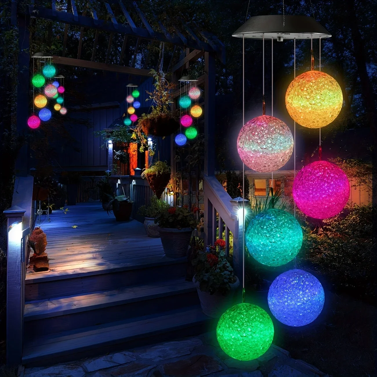 Solar-Powered Color Changing Crystal Ball Wind Chime, Portable Outdoor Light for Patio, Yard, Garden - Plastic Garden Light