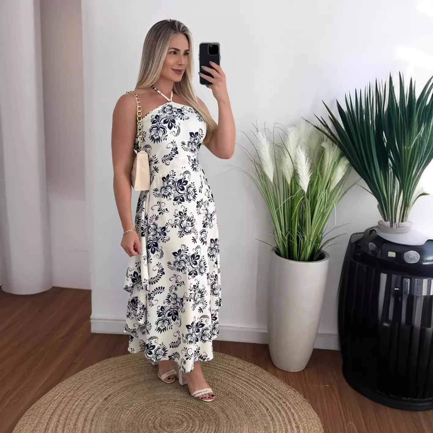 

Halter Print Dress Woman Off Shoulder Backless Long Dress Women Sleeveless Holiday Elegant Party Dresses Summer Evening Vestidos