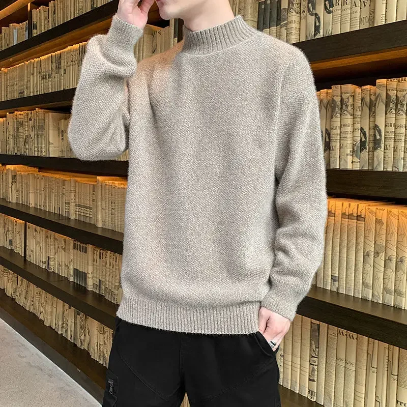 

2023 Spring Autumn New Men's Mock Neck Sweaters Full Sleeve Pull Homme Solid Color Pullover Knitted Sweater Men's Jumpers