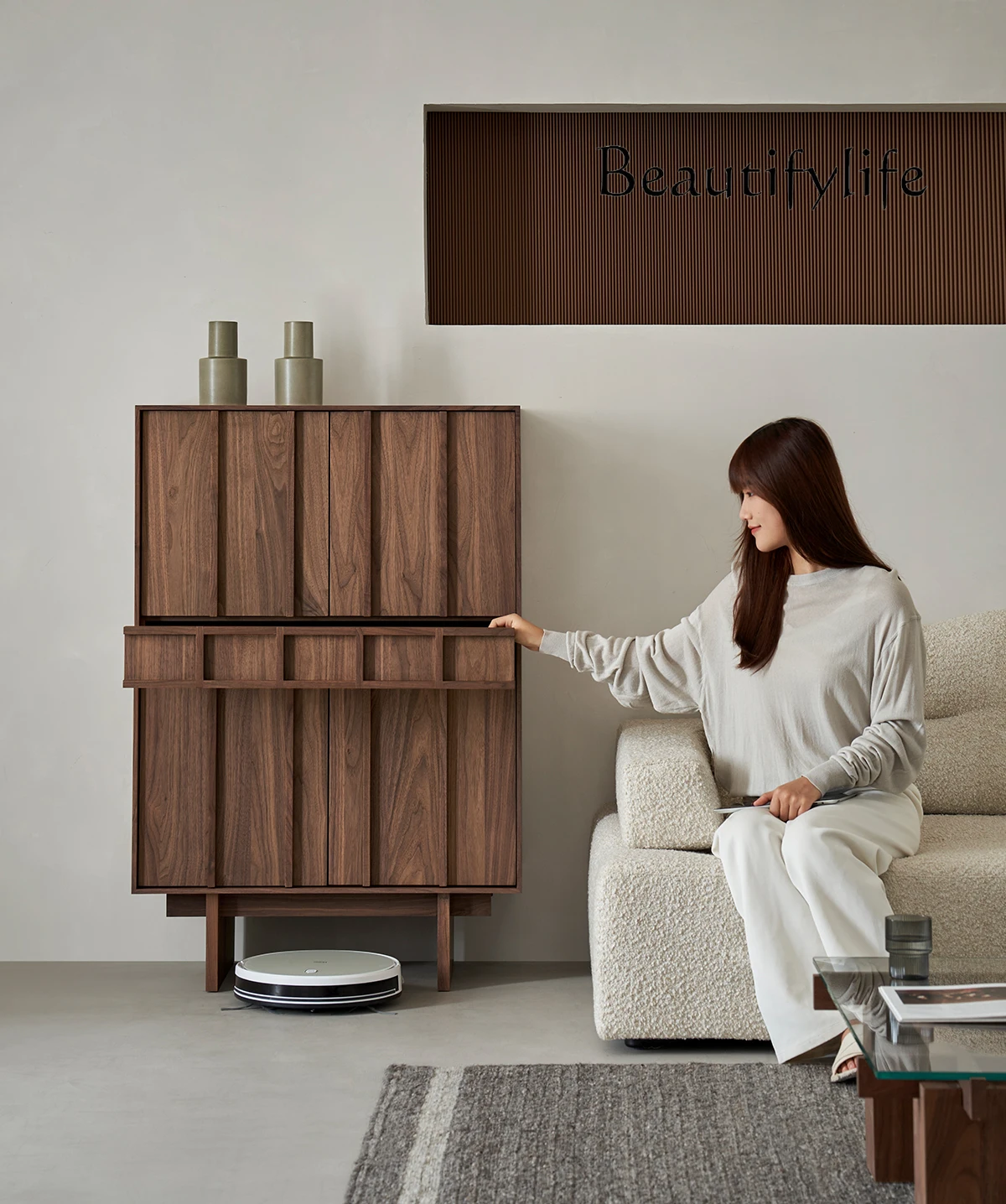 

Shishino side cabinet black walnut solid wood medieval storage home living room storage chest retro cabinet