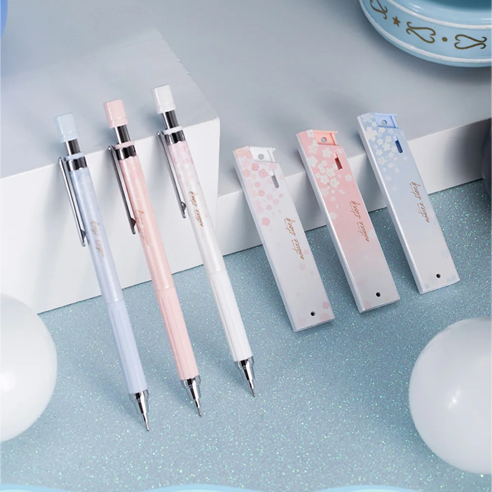 Deli Mechanical Pencil Set with HB Lead Replacement Retractable Pencils Refill Sakura Theme Korean Style Students Stationery