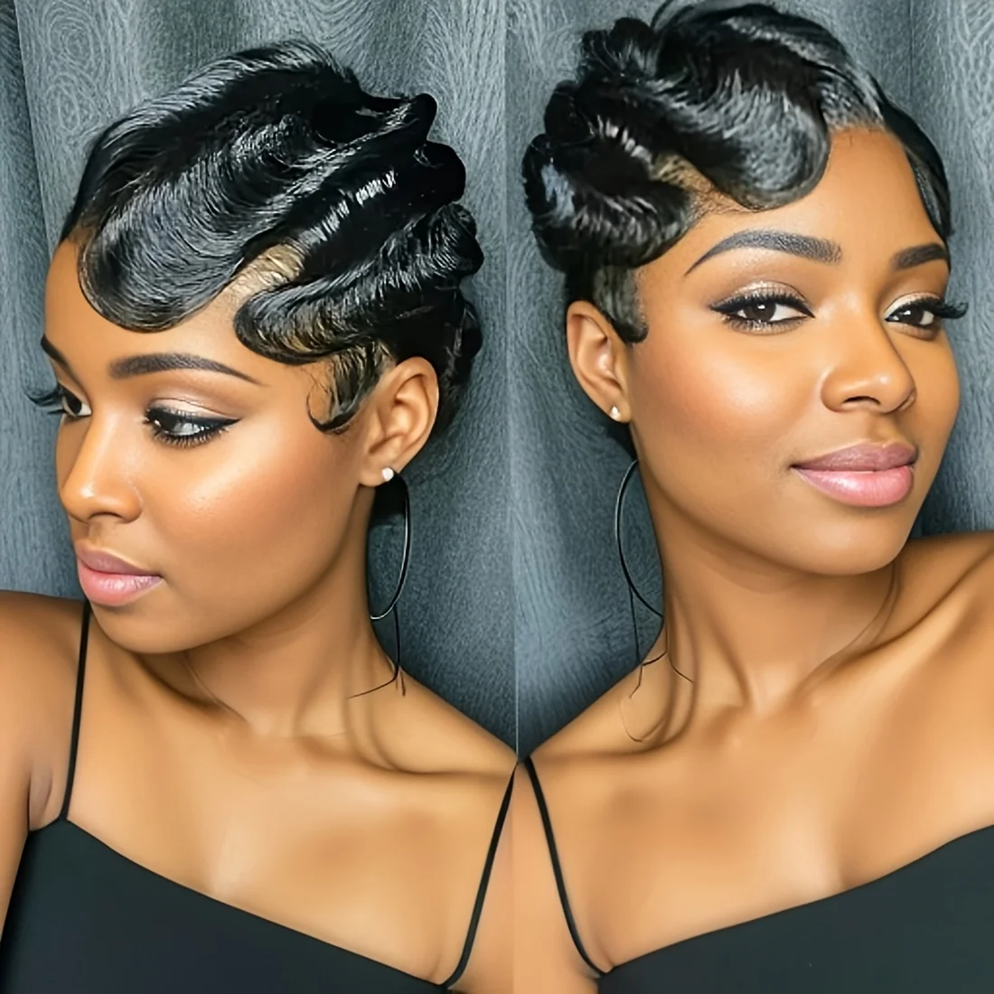 

Short Ocean Wave Wig Pixie Cut Wigs Finger Wave Wig Human Hair Wig Machine Made For Women Natural Color