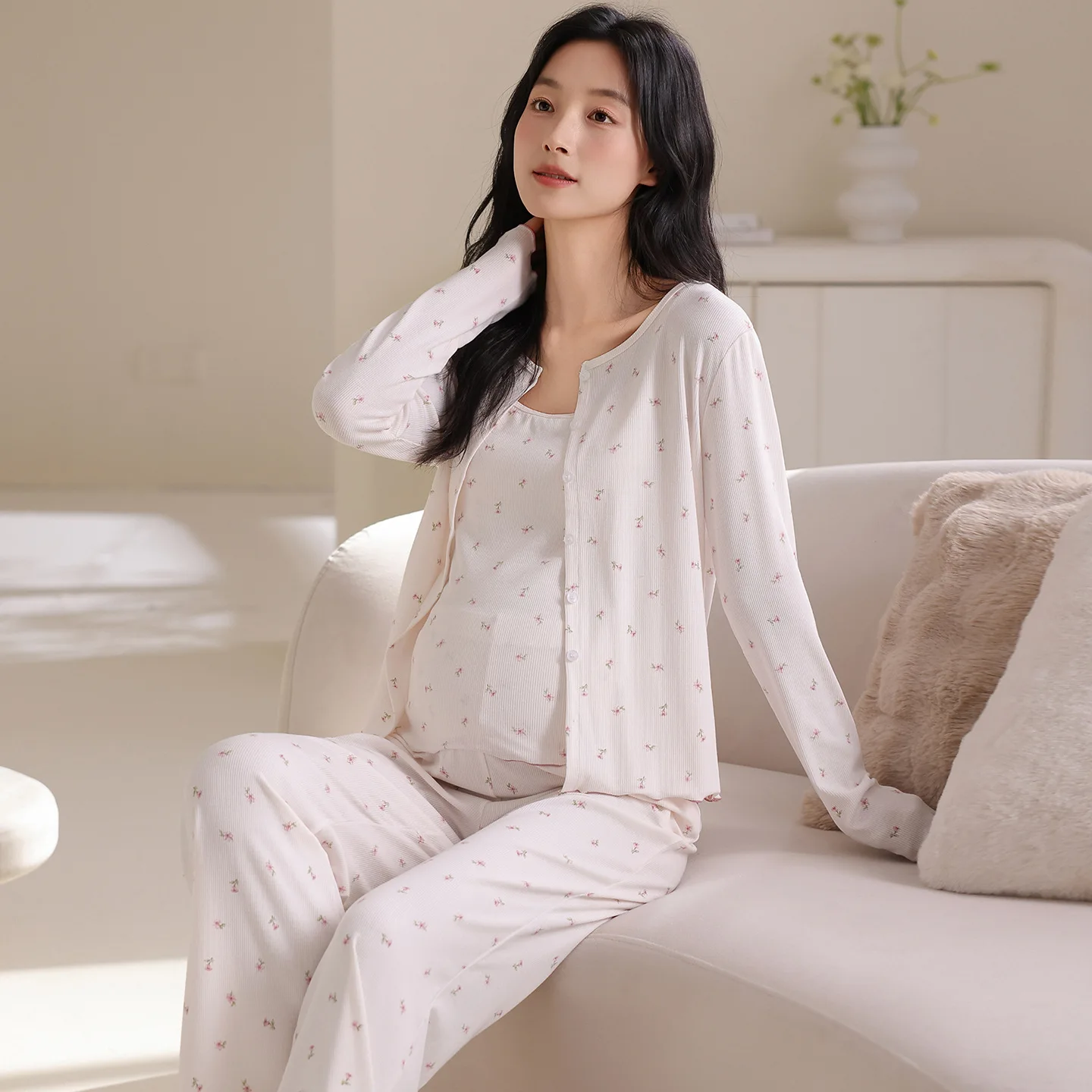 3pcs Cotton Maternity Nightwear Sleepwear for Pregnant Women Postpartum Breastfeeding Pyjamas Comfortable Nightgown for Nursing