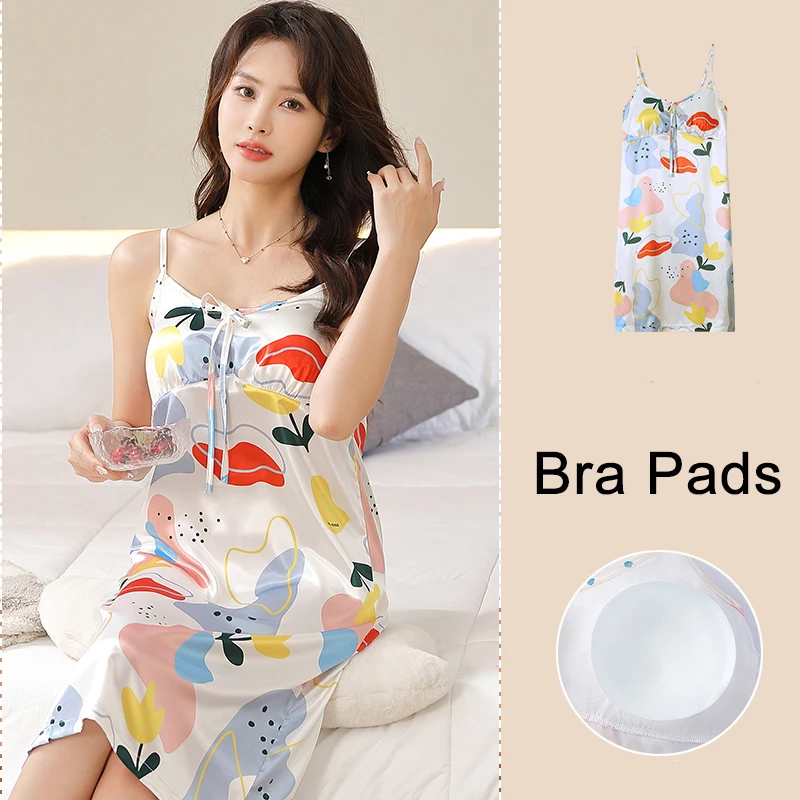 Women Pajamas Satin Silk Nightgown Floral Print Sleepwear Lingerie Sexy Spaghetti Strap Nightwear Girl Summer Homewear Dress