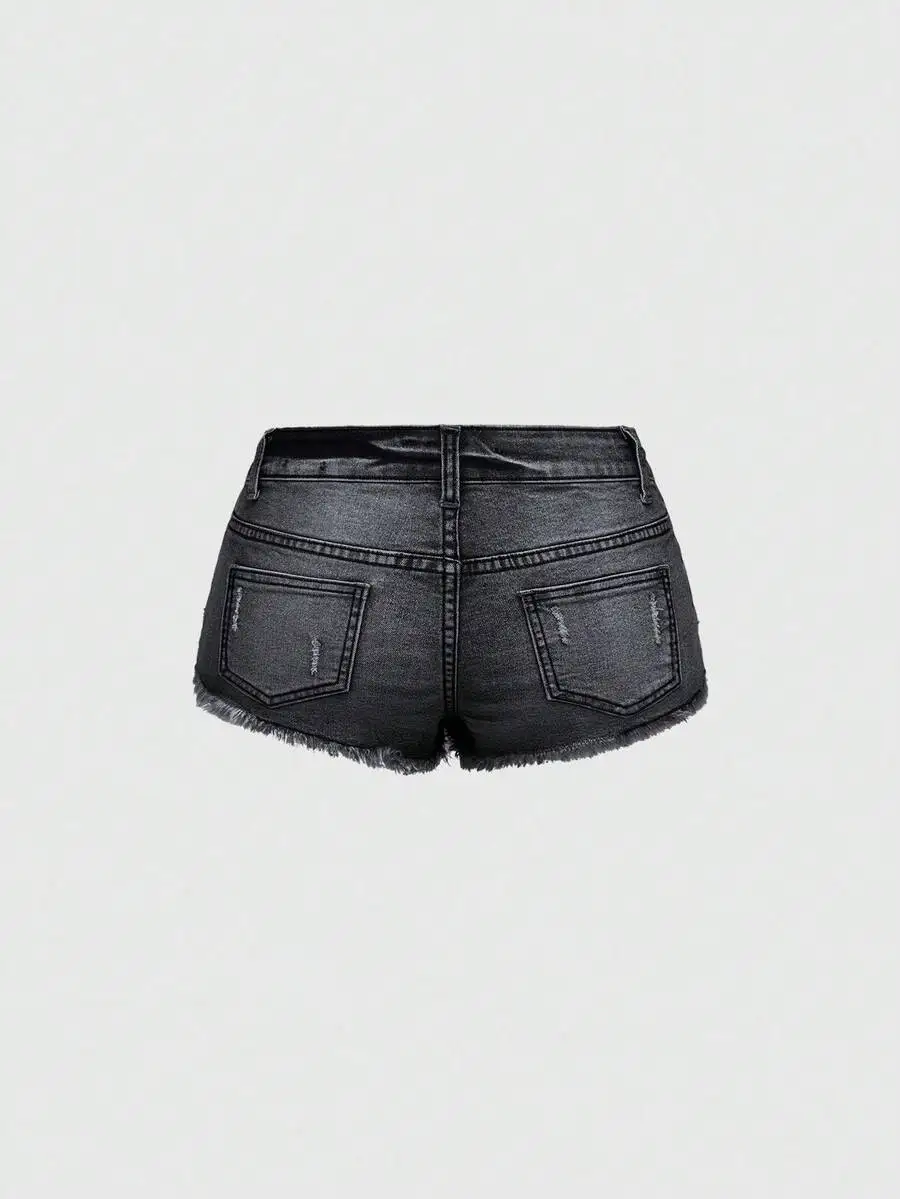 

Distressed Vintage Wash Ultra Low Rise Denim Shorts With Rhinestone Detail