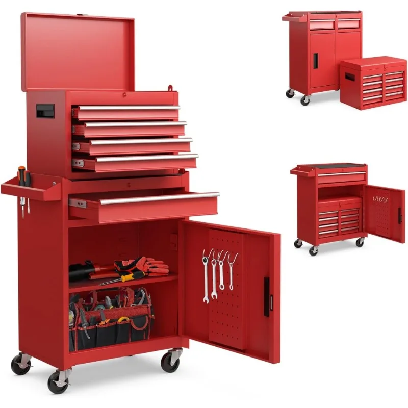 Cómoda para herramientas con ruedas, organizador de caja de herramientas de 5 cajones con ruedas bloqueables, cajones deslizantes, tapa desmontable y estante ajustable, herramienta