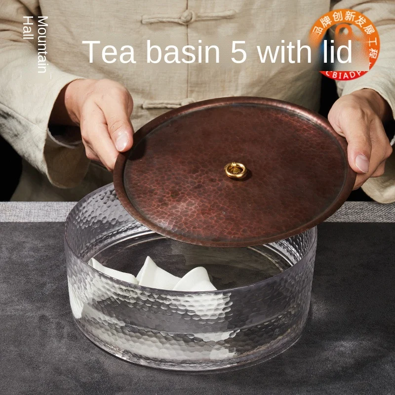 Handmade Pure Copper Glass Tea Basin Washing with Lid Ceramic Lid Tea Bucket Tea Dust Large Tea Cup Bowl Tea Set