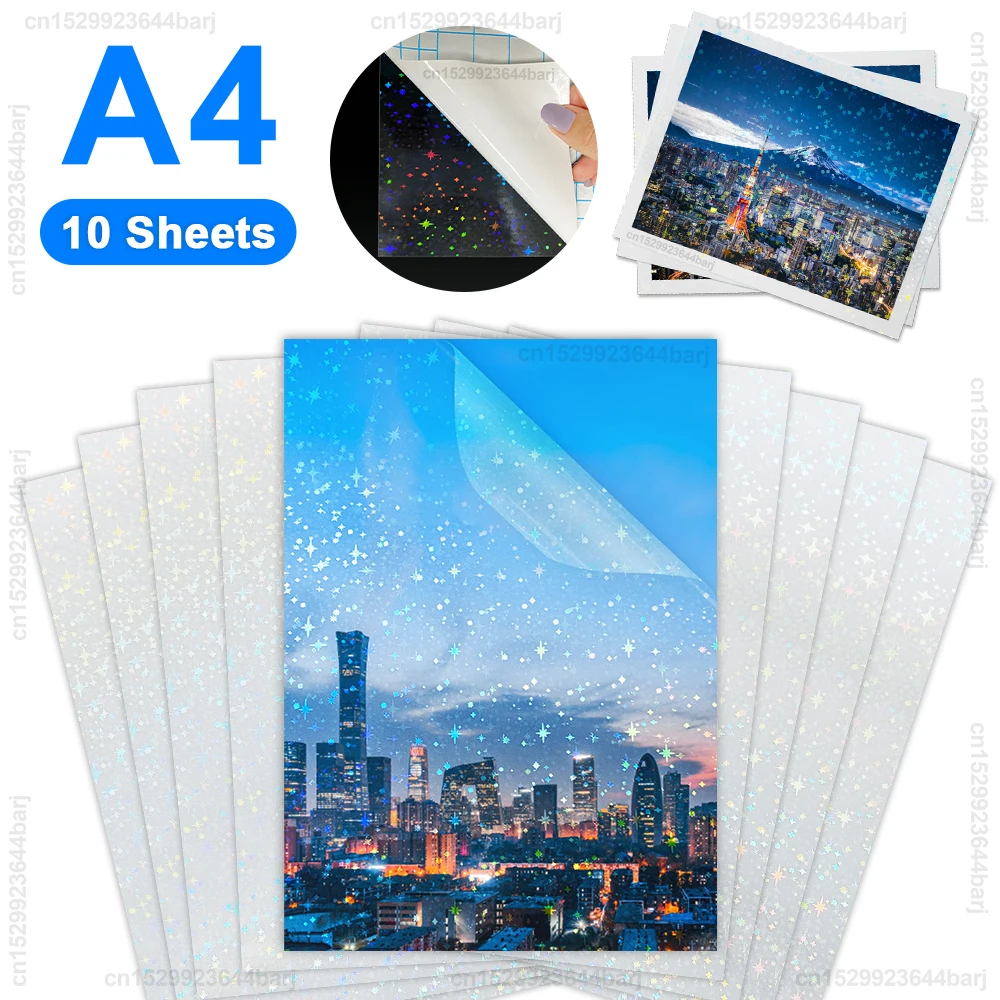 10 arkuszy A4 samoprzylepna folia do laminowania na zimno wodoodporna przezroczysta błyszcząca gwiazdki kropki DIY pakiet karta zdjęcie folia holograficzna