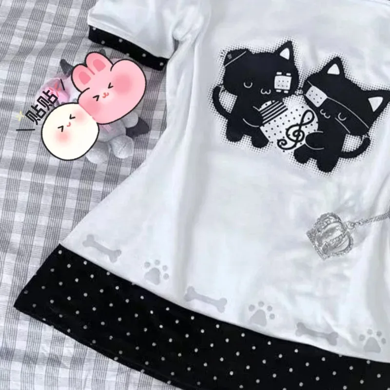 Japanisches süßes Kawaii Cartoon Polka Dot Print T-Shirt für Damen, locker geschnitten, lässig, Kontrastfarben, niedliche Grafik-T-Shirts, Y2k Ästhetik-Oberteile, neu – Detail 7