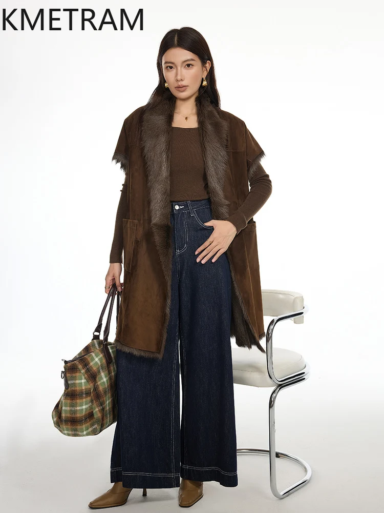 سترة من صوف الغنم الطبيعي من توسكانا مزدوجة الوجه للنساء بأكمام قصيرة معطف فرو حقيقي سترة شتوية من الجلد ملابس نسائية 2025