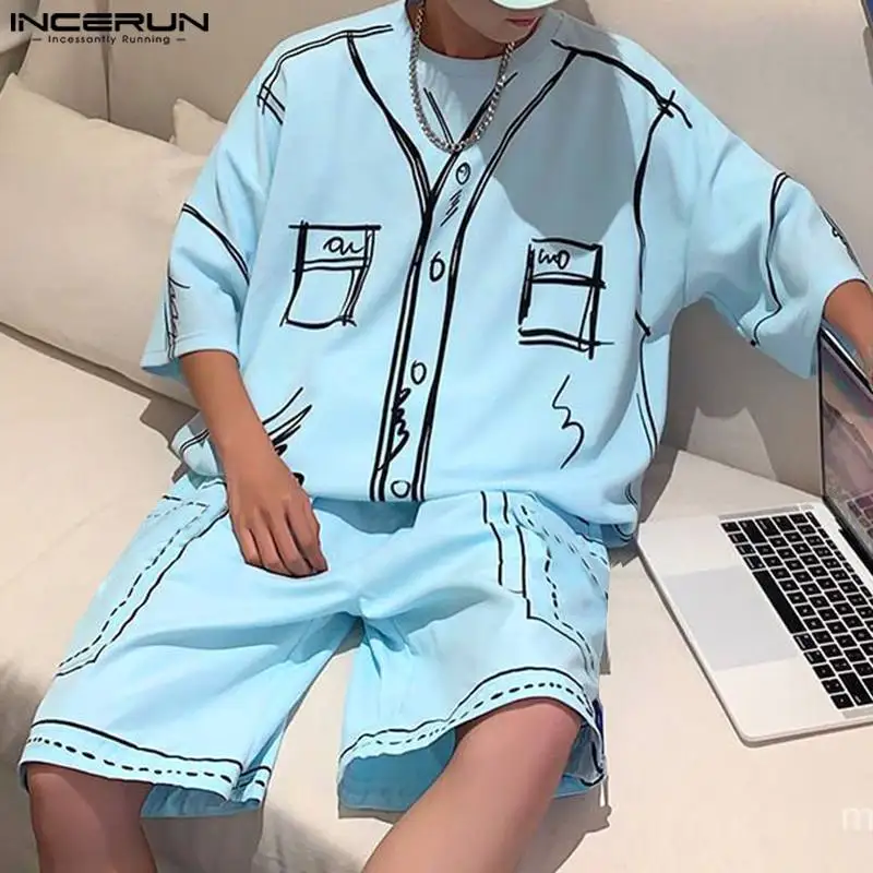 INCERUN 2024 Korean Style Mens Fashion Sets Medium Sleeved T-shirts Shorts Male Personality Graffiti Design Two-piece Sets S-5XL