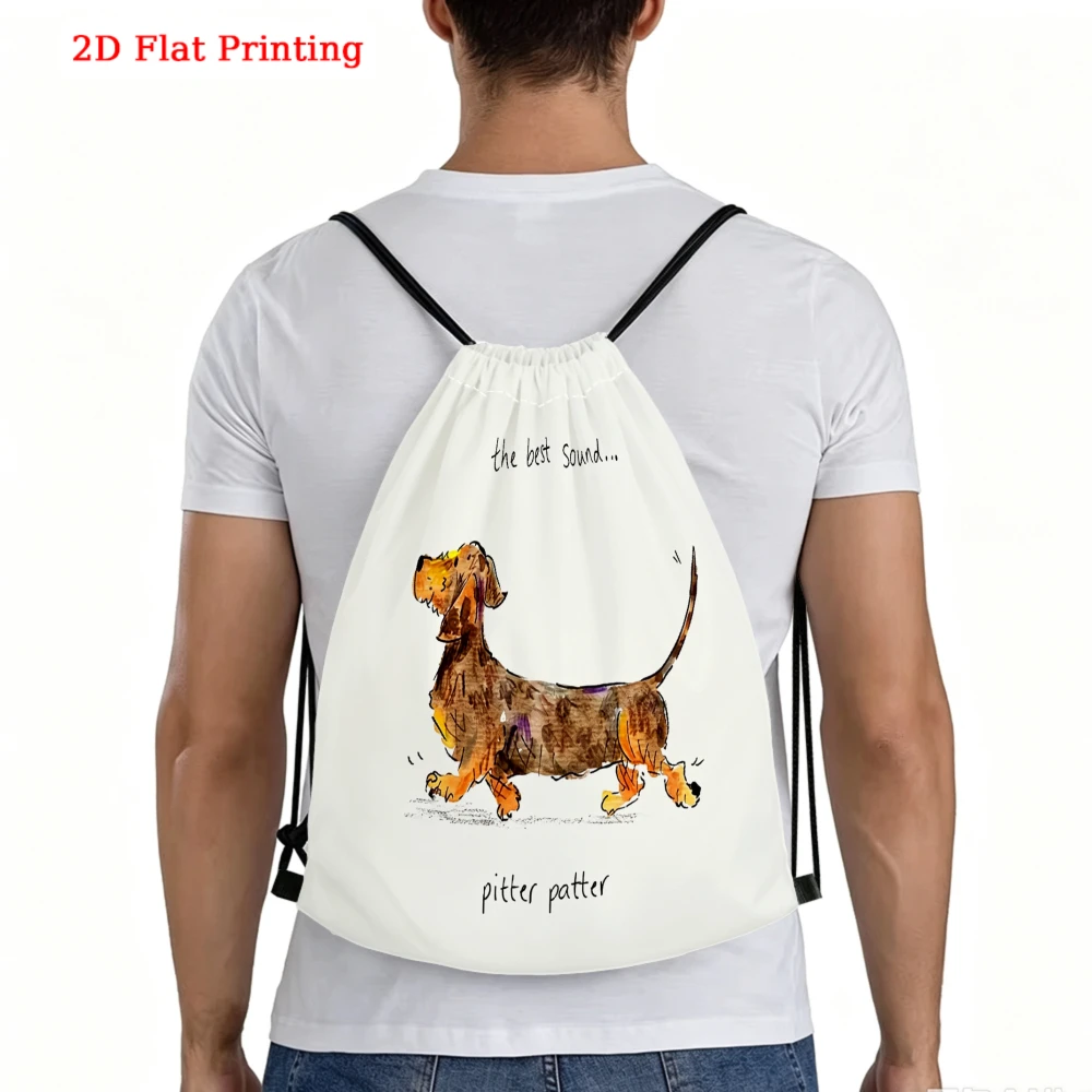 Cute 2D Flat Printing Drawstring Backpack, Dachshund Dog Pattern Gym Sports Bag, Outdoor Travel Cinch Sack