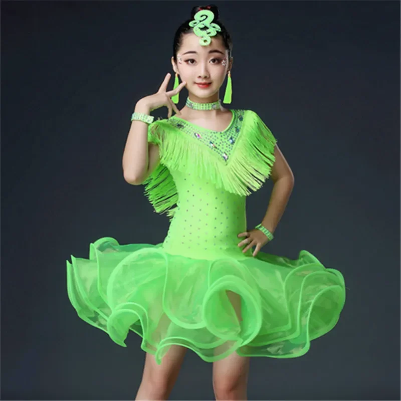 Advanced Bright Diamond Tassel Style Girls' Latin Dance Practice and Grading Competition Fluffy Gauze Dress Performance Costume